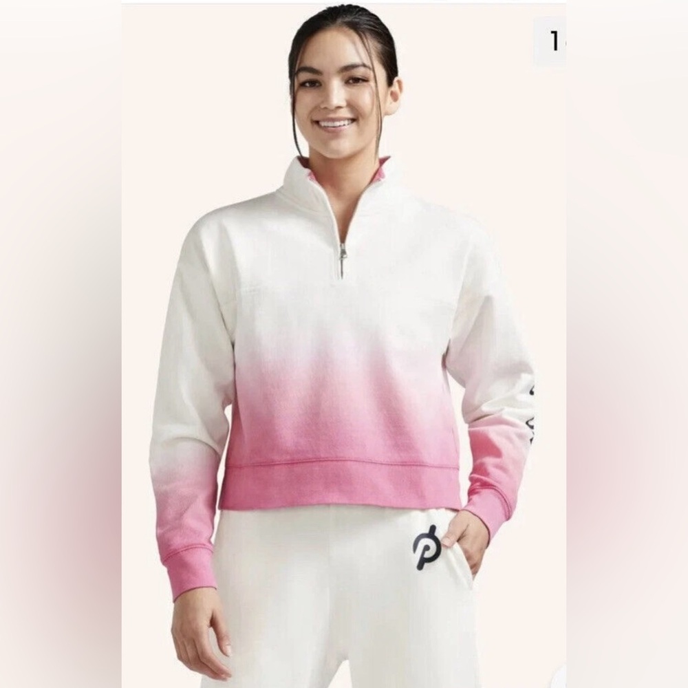 Peloton Pink Ombré 1/2 Zip Collared Pullover Cropped  Cotton Sweatshirt Size L